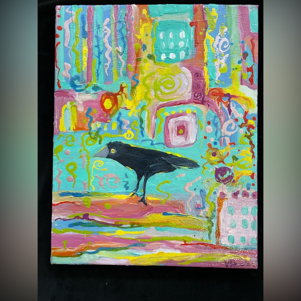 “Choose Happiness “Large Original Acrylic Painting 18”x14” With Crow - Picture 2 of 11